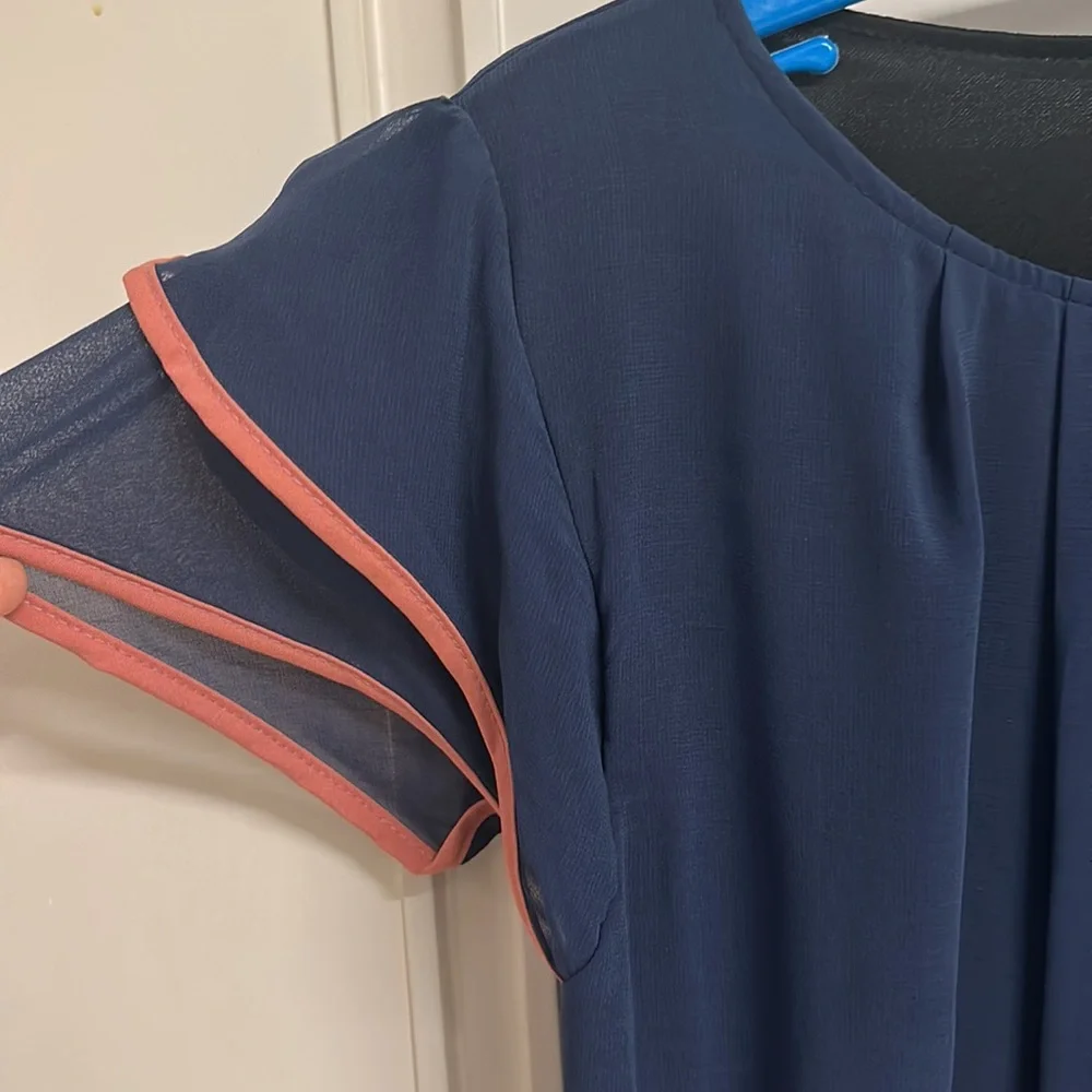 NWT Dress in Blue & Pink with lining, stretch, double frill, belt! Size UK M/L - Picture 6 of 14